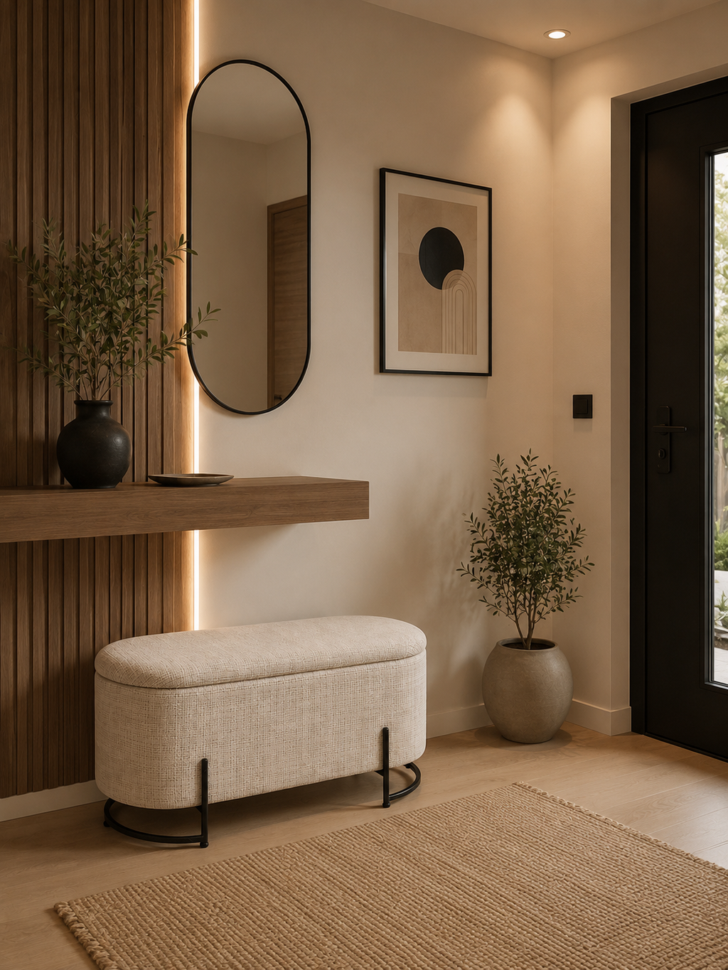 GAIANO - Banc coffre design avec rangement 100 cm en tissu naturel et métal noir