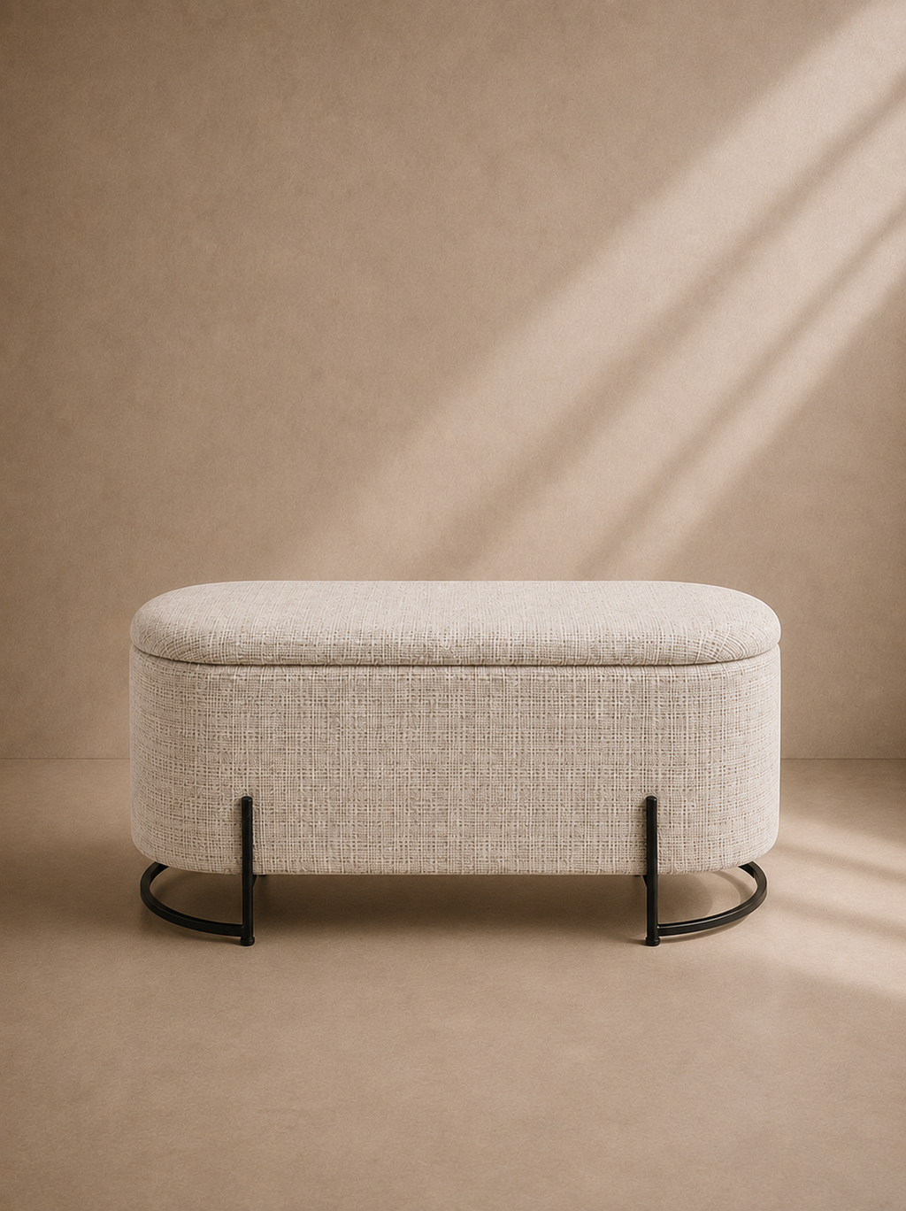 GAIANO - Banc coffre design avec rangement 100 cm en tissu naturel et métal noir