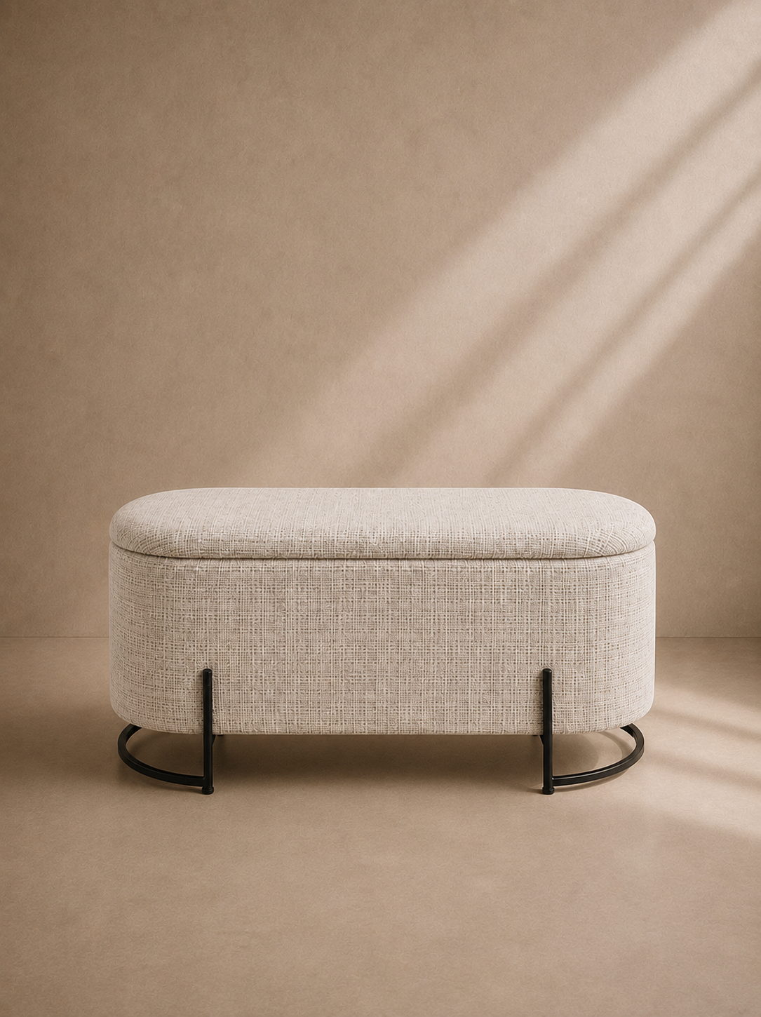 GAIANO - Banc coffre design avec rangement 100 cm en tissu naturel et métal noir