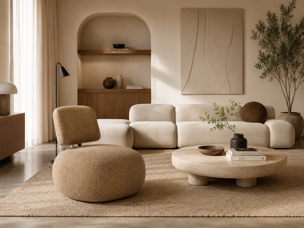 BANON - Sillón de diseño en tela bouclé color caramelo – Elegancia orgánica y confort contemporáneo