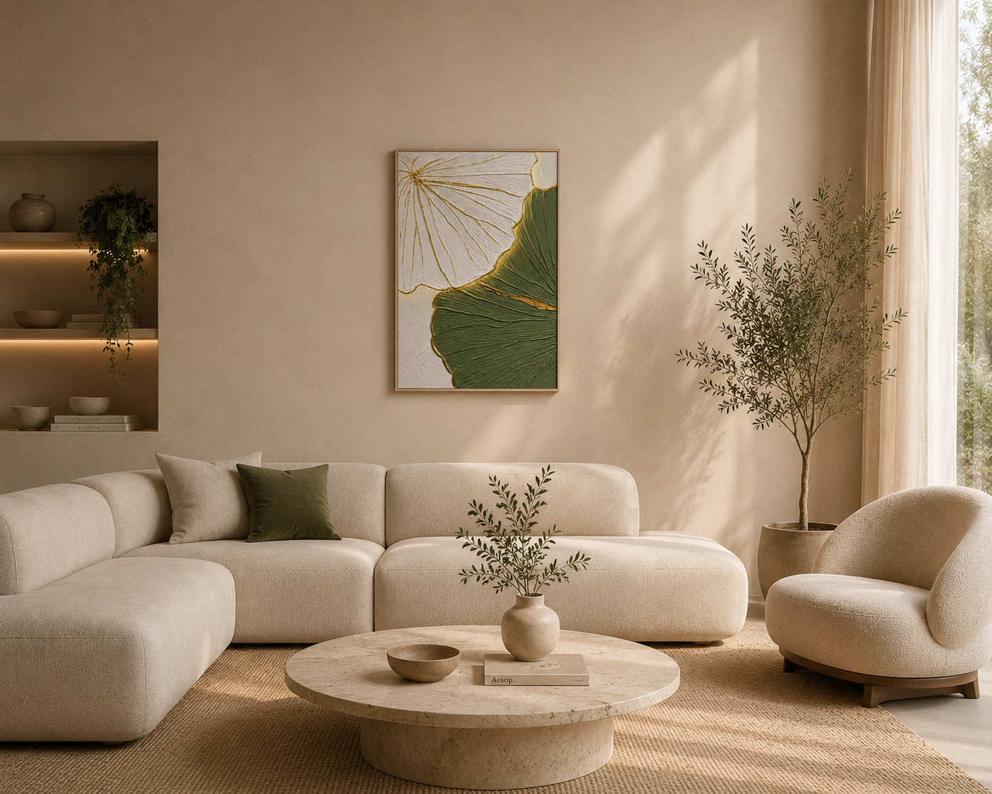 CARCES - Tableau LED Fleur Blanche et Verte – Relief Or 70 × 100 cm