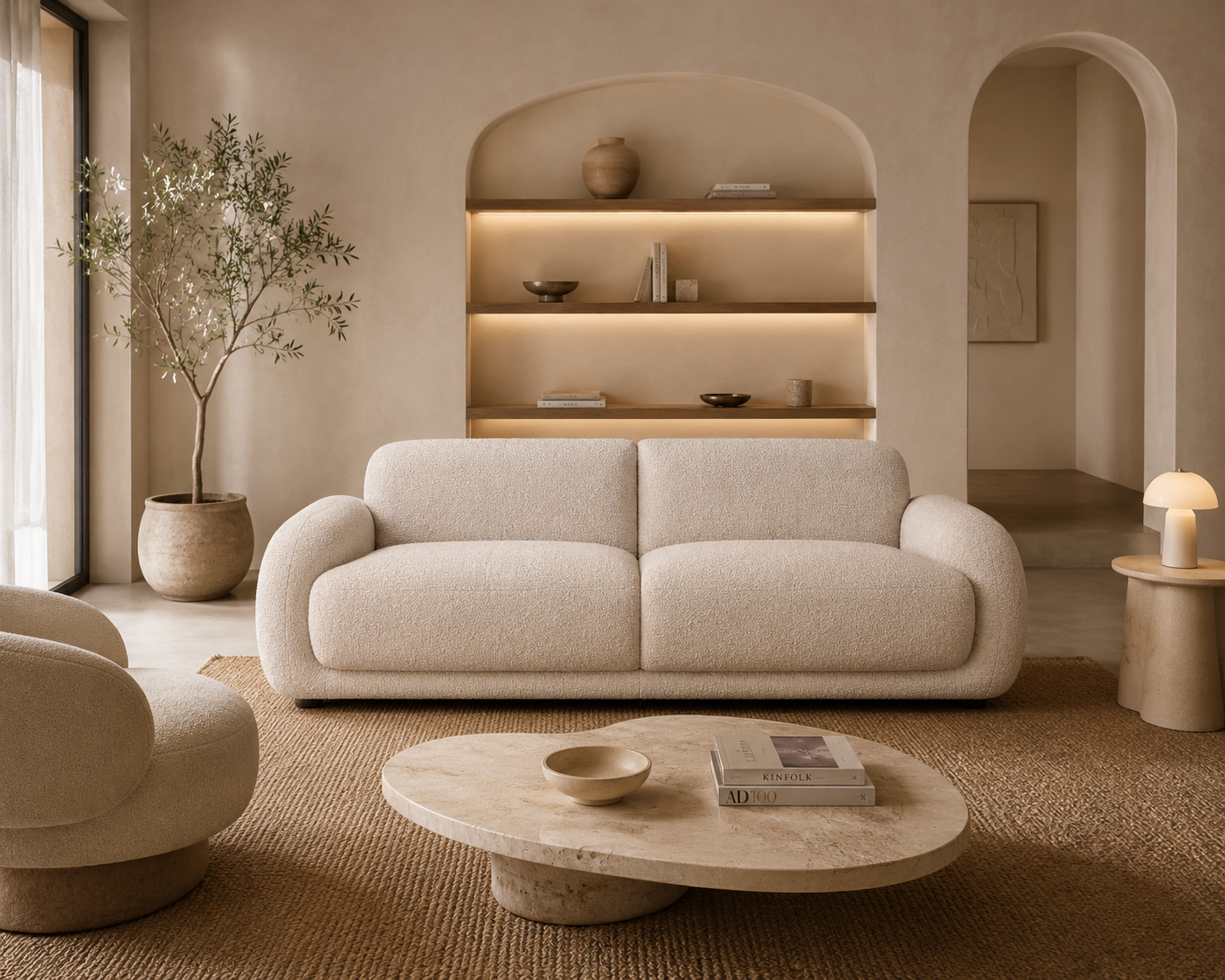 ROIZ - Sofá boucle de design 3 lugares 240 cm – Elegância minimalista e conforto envolvente