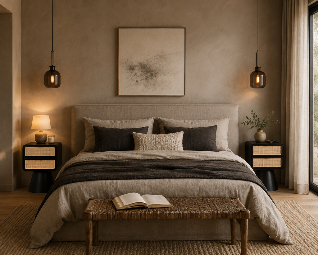 OROL - Mesita de noche de diseño en madera de pino negro y ratán natural