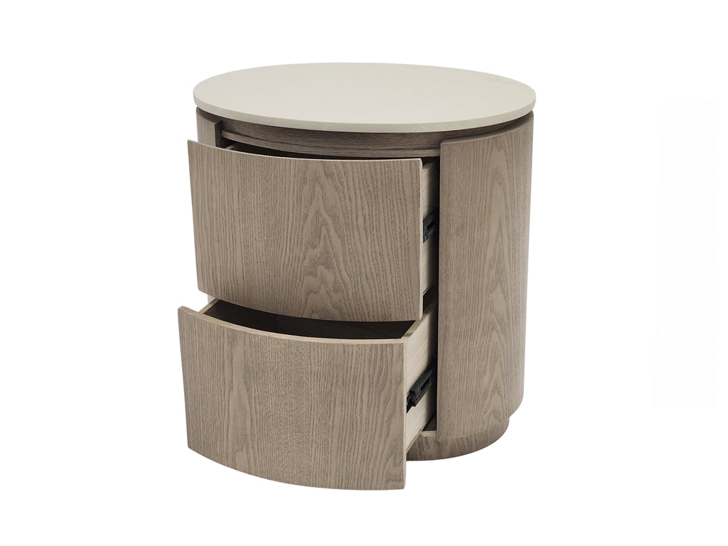 INCIO - Table de chevet ovale 2 tiroirs en frêne lavé et Silestone
