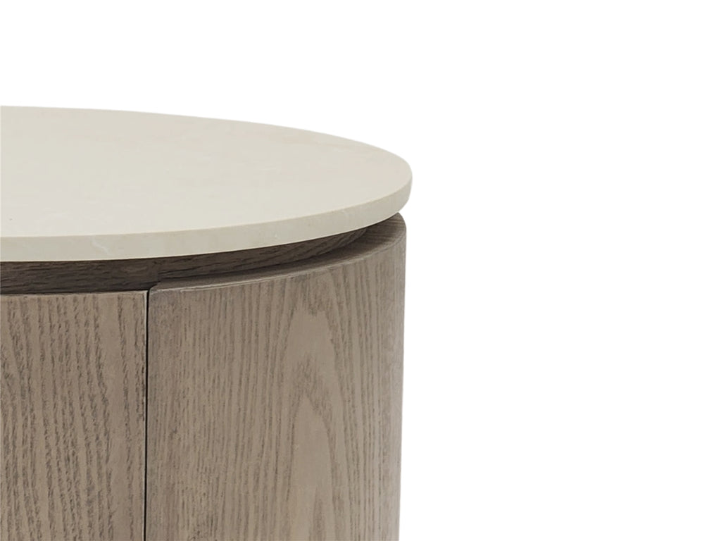 INCIO - Table de chevet ovale 2 tiroirs en frêne lavé et Silestone