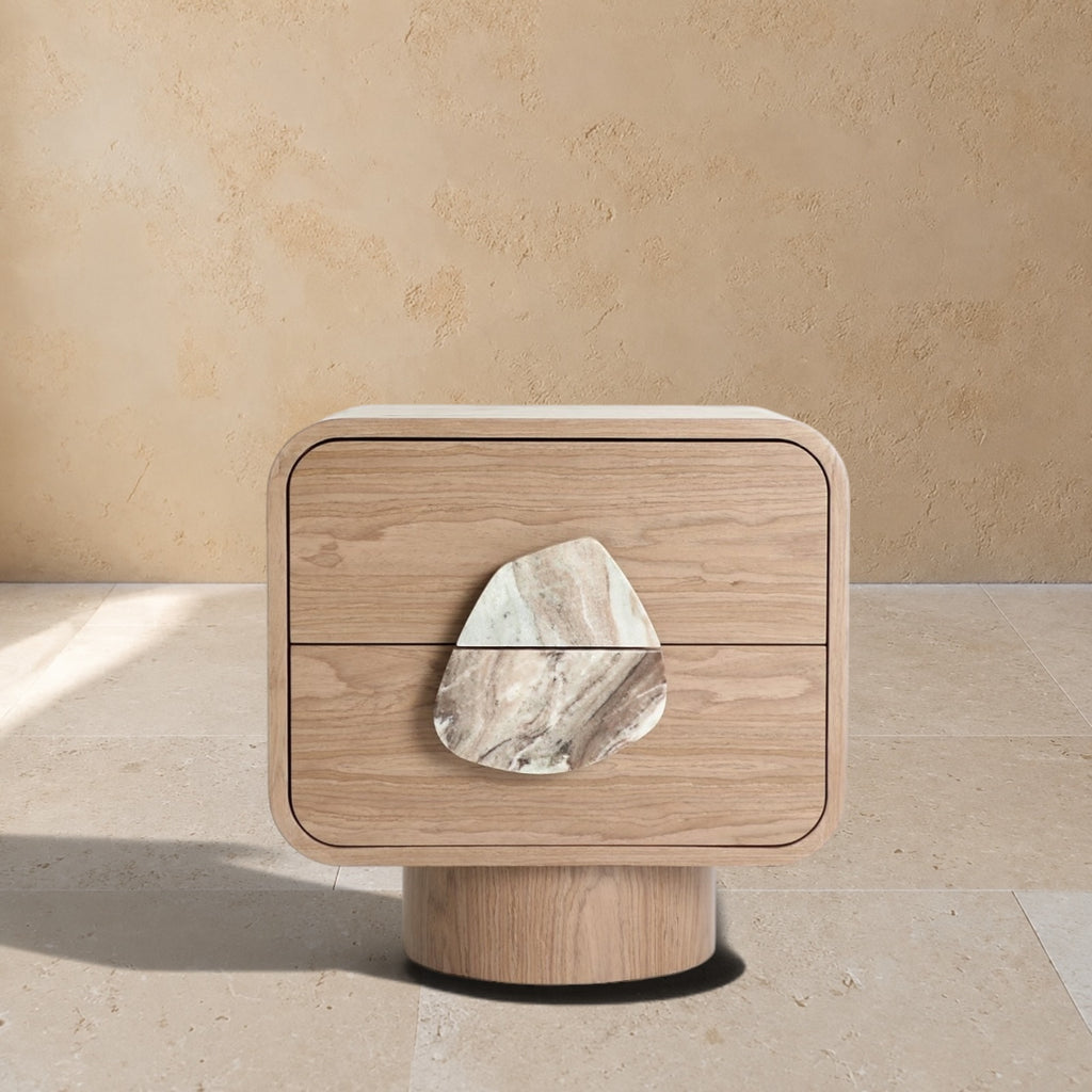 MÉNERBES - Table de nuit en bois beige, placage noyer et marbre
