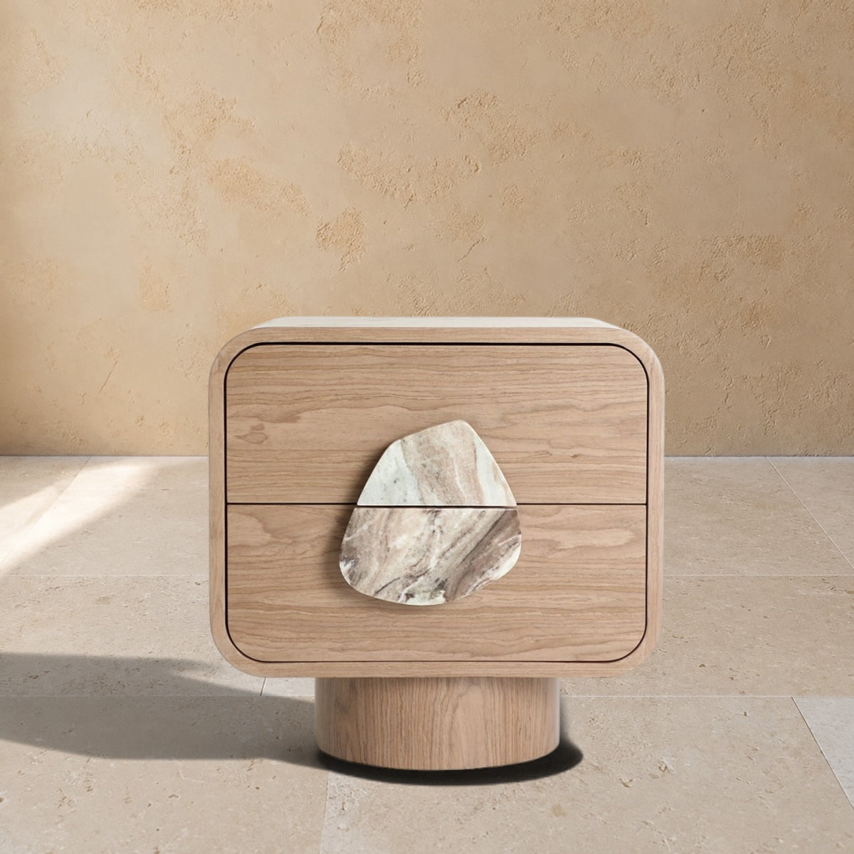 MÉNERBES - Table de nuit en bois beige, placage noyer et marbre