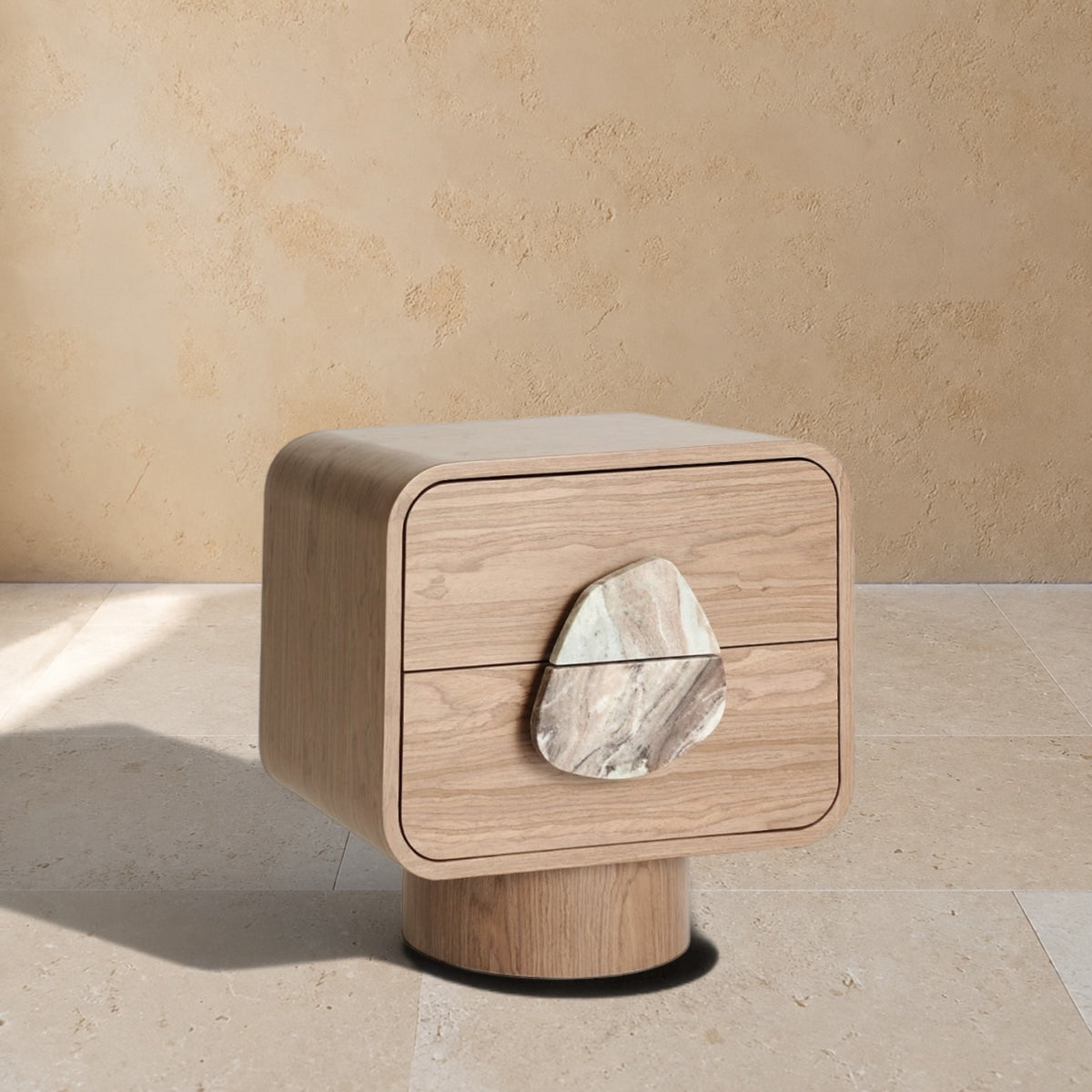 MÉNERBES - Table de nuit en bois beige, placage noyer et marbre