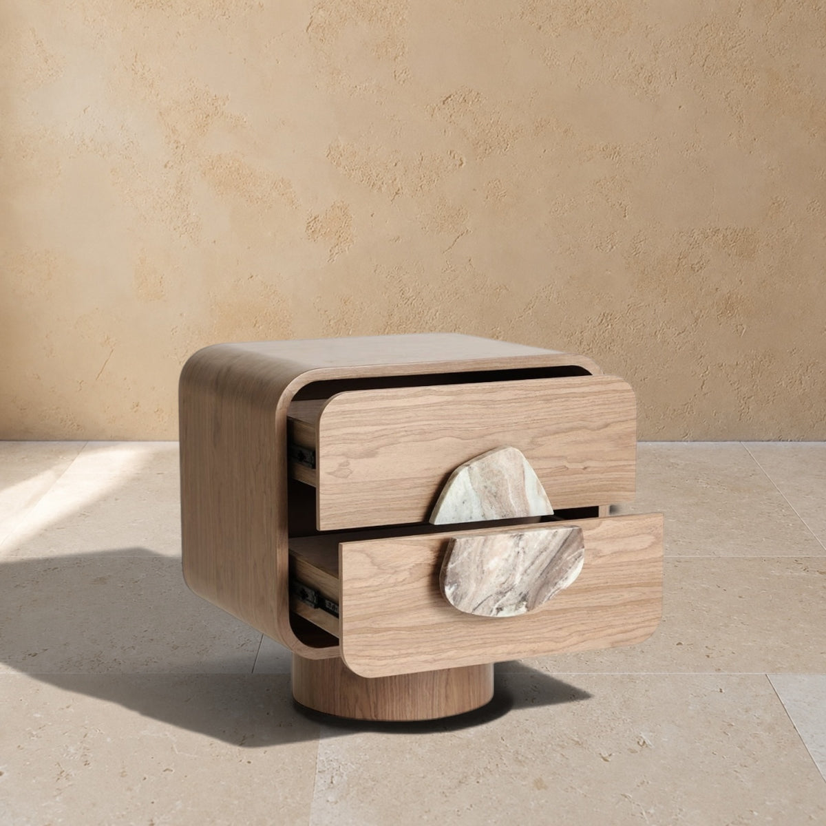 MÉNERBES - Table de nuit en bois beige, placage noyer et marbre