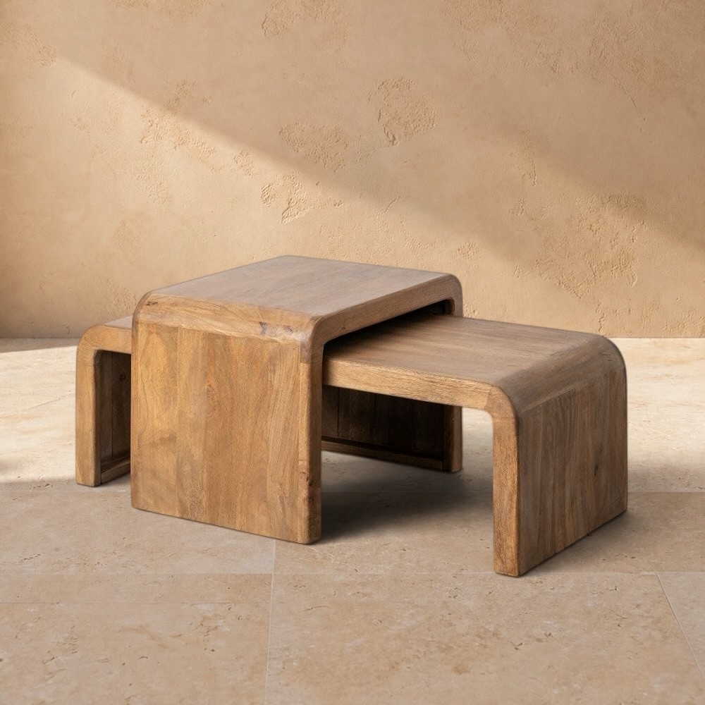 PEILLON - Juego de 2 mesas de centro pequeñas de madera de mango 120 x 55 x 40 cm