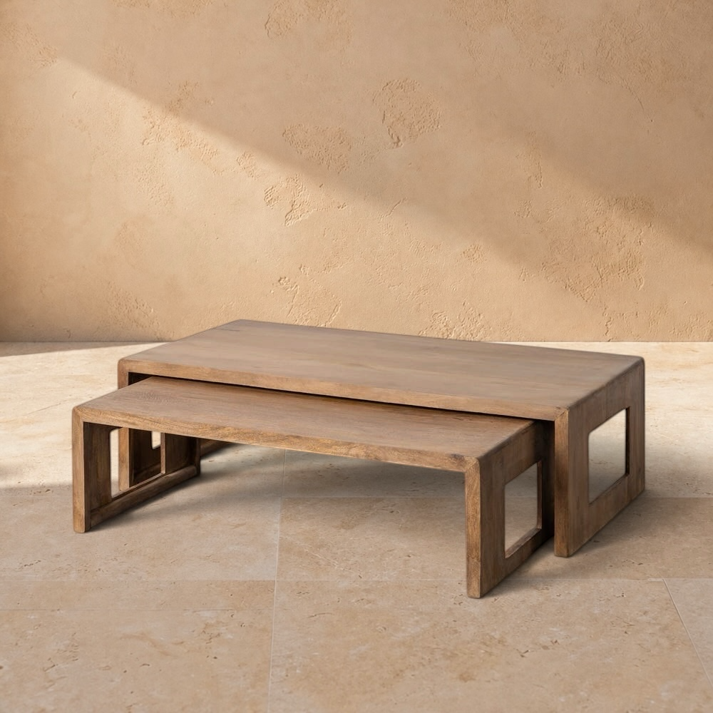 LUCERAM - Conjunto de 2 mesas de centro pequeñas de madera de mango 140 x 70 x 40,50 cm