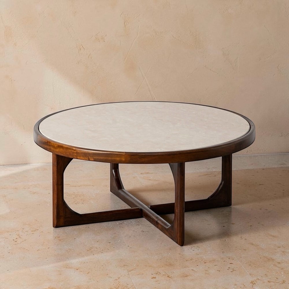 REAL - Mesa de centro mármol/madera salón 78 x 78 x 36 cm